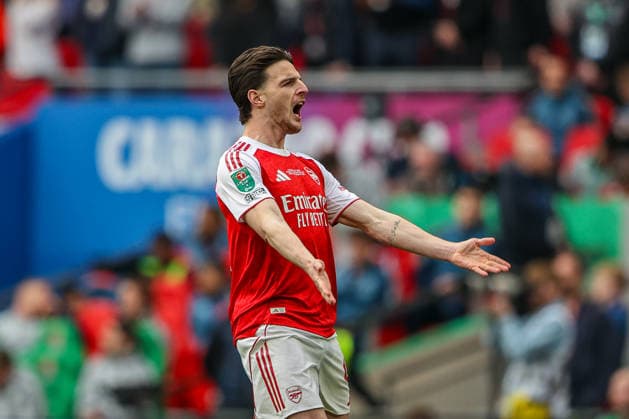Carabao Cup Final Arsenal v Manchester City Declan Rice of Arsenal reacts during the Carabao Cup Final match Arsenal vs Manchester City at Emirates, London, United Kingdom on 22 March 2026 (Photo by Alfie Cosgrove News Images) London Emirates Greater London United Kingdom Copyright: xAlfiexCosgrove NewsxImagesx