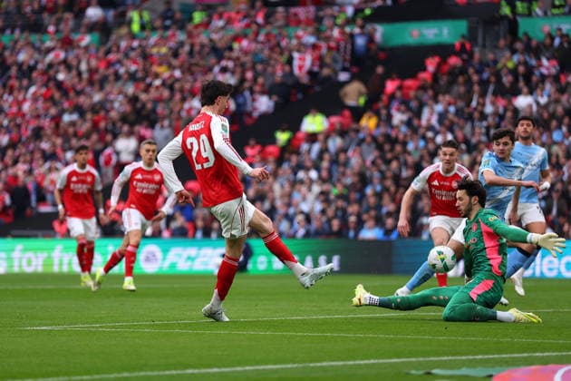 22nd March 2026; Wembley Stadium, London, England; Carabao Cup Final Football, Arsenal versus Manchester City; Kai Havertz of Arsenal shot is saved by Goalkeeper James Trafford of Manchester City  JPxFletcher Content restricted for UK based newspaper