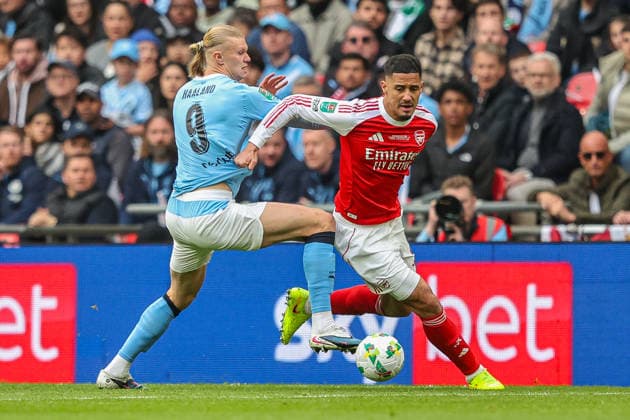 Carabao Cup Final Arsenal v Manchester City William Saliba of Arsenal battle for the ball Erling Haaland of Manchester City during the Carabao Cup Final match Arsenal vs Manchester City at Emirates, London, United Kingdom on 22 March 2026 (Photo by Alfie Cosgrove News Images) London Emirates Greater London United Kingdom Copyright: xAlfiexCosgrove NewsxImagesx