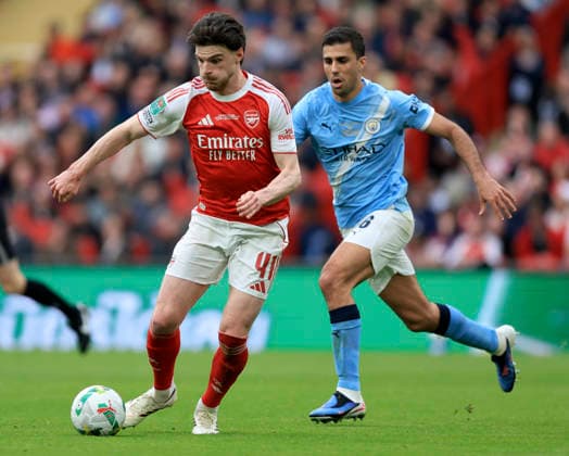 Arsenal v Manchester City - Carabao Cup Final Declan Rice of Arsenal and Rodri of Manchester City challenge during the Carabao Cup Final match between Arsenal and Manchester City at Wembley Stadium on March 22, 2026 in London, England. WARNING! This Photograph May Only Be Used For Newspaper And Or Magazine Editorial Purposes. May Not Be Used For Publications Involving 1 player, 1 Club Or 1 Competition Without Written Authorisation From Football DataCo Ltd. For Any Queries, Please Contact Football DataCo Ltd on +44 (0) 207 864 9121 London Wembley Stadium England United Kingdom Copyright: xAllstarxPicturexLibraryxLtdx