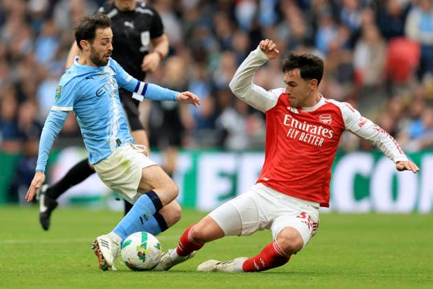 Arsenal v Manchester City - Carabao Cup Final Bernardo Silva of Manchester City and Martin Zubimendi of Arsenal challenge during the Carabao Cup Final match between Arsenal and Manchester City at Wembley Stadium on March 22, 2026 in London, England. WARNING! This Photograph May Only Be Used For Newspaper And Or Magazine Editorial Purposes. May Not Be Used For Publications Involving 1 player, 1 Club Or 1 Competition Without Written Authorisation From Football DataCo Ltd. For Any Queries, Please Contact Football DataCo Ltd on +44 (0) 207 864 9121 London Wembley Stadium England United Kingdom Copyright: xAllstarxPicturexLibraryxLtdx