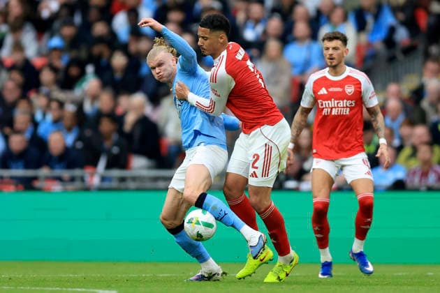 Arsenal v Manchester City - Carabao Cup Final Erling Haaland of Manchester City and William Saliba of Arsenal challenge during the Carabao Cup Final match between Arsenal and Manchester City at Wembley Stadium on March 22, 2026 in London, England. WARNING! This Photograph May Only Be Used For Newspaper And Or Magazine Editorial Purposes. May Not Be Used For Publications Involving 1 player, 1 Club Or 1 Competition Without Written Authorisation From Football DataCo Ltd. For Any Queries, Please Contact Football DataCo Ltd on +44 (0) 207 864 9121 London Wembley Stadium England United Kingdom Copyright: xAllstarxPicturexLibraryxLtdx