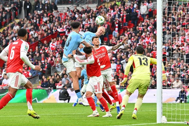 Arsenal v Manchester City, EFL Cup, Cup Final Erling Haaland (9) of Manchester City heads a shot at goal over the bar during the EFL Cup match between Arsenal and Manchester City at Wembley Stadium, London, UK on 22 March 2026. London Wembley Stadium Greater London UK Editorial use only DataCo restrictions apply See www.football-dataco.com , Copyright: xGrahamxHuntx PSI-23937-0059