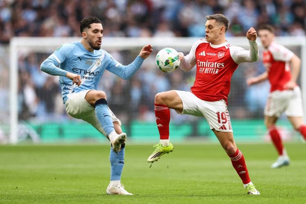 Carabao Cup Final 22 March 2026, London - Carabao Cup Final - Arsenal v Manchester City - Rayan Cherki of Manchester City and Leandro Trossard of Arsenal - Photo: Jacques Feeney Offside. London UK Copyright: xJacquesxFeeneyx xOffsidexOffside