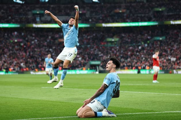 Arsenal v Manchester City, Carabao Cup Final Nico O Reilly of Manchester City scores and celebrates 1-0 during the Arsenal v Manchester City Carabao Cup Final match at Wembley Stadium, London, England on 22 March 2026 Credit: Ian Stephen Every Second Media Editorial use only. All images are copyright Every Second Media Limited. No images may be reproduced without prior permission. All rights reserved. Premier League and Football League images are subject to licensing agreements with Football DataCo Limited. see https: www.football-dataco.com Copyright: xIMAGO EveryxSecondxMediax ESM-1873-0048 IanxStephenx xEveryxSecondxMediax