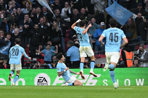 Arsenal v Manchester City, EFL Cup, Cup Final Goal 0-1 - Nico O™Reilly (33) of Manchester City celebrates scoring the opening goal during the EFL Cup match between Arsenal and Manchester City at Wembley Stadium, London, UK on 22 March 2026. London Wembley Stadium Greater London UK Editorial use only DataCo restrictions apply See www.football-dataco.com , Copyright: xGrahamxHuntx PSI-23937-0083