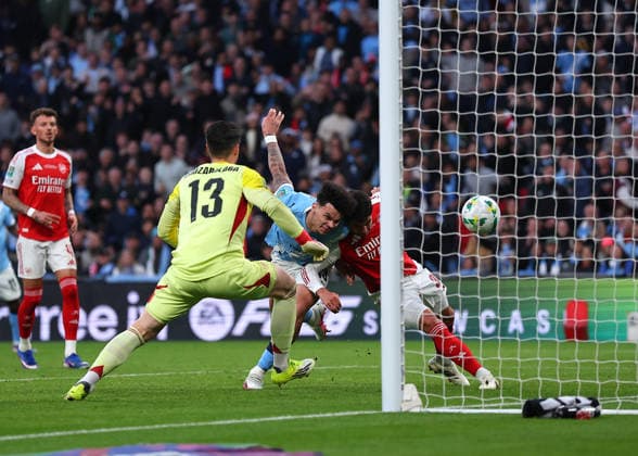22nd March 2026; Wembley Stadium, London, England; Carabao Cup Final Football, Arsenal versus Manchester City; Nico O Reilly of Manchester City heads the ball to score his sides 1st goal in the 60th minute to make it 1-0  JPxFletcher Content restricted for UK based newspaper