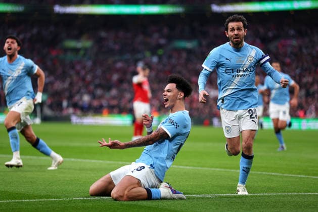 22nd March 2026; Wembley Stadium, London, England; Carabao Cup Final Football, Arsenal versus Manchester City; Nico O Reilly of Manchester City celebrates after scoring his sides 1st goal in the 60th minute to make it 1-0  JPxFletcher Content restricted for UK based newspaper