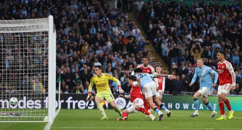 LONDON, ENGLAND, MARCH 22: GOAL 1-0, Nico O Reilly of Manchester City scores a goal to put Manchester City 1-0 ahead during the match between Arsenal FC and Manchester City FC in the Carabao Cup Final at Wembley Stadium in London, England, on March 22. (Photo by Daniel Weir) Copyright: xDanielxWeir SportsxPressxPhotox Sportspressphoto_SPR116560