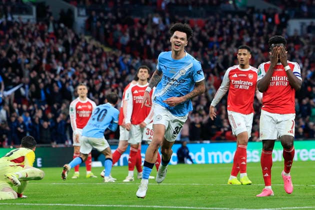 Arsenal v Manchester City, EFL Cup, Cup Final Nico O Reilly (33) of Manchester City celebrates scoring to make it 0-2 during the EFL Cup match between Arsenal and Manchester City at Wembley Stadium, London, UK on 22 March 2026. London Wembley Stadium Greater London UK Editorial use only DataCo restrictions apply See www.football-dataco.com , Copyright: xConorxMolloyx PSI-23936-0058