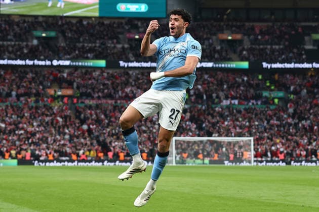Arsenal v Manchester City, Carabao Cup Final GOAL Nico O Reilly of Manchester City scores (not in picture) and Matheus Nunes of Manchester City celebrates (assist), 2-0 during the Arsenal v Manchester City Carabao Cup Final match at Wembley Stadium, London, England on 22 March 2026 Credit: Ian Stephen Every Second Media Editorial use only. All images are copyright Every Second Media Limited. No images may be reproduced without prior permission. All rights reserved. Premier League and Football League images are subject to licensing agreements with Football DataCo Limited. see https: www.football-dataco.com Copyright: xIMAGO EveryxSecondxMediax ESM-1873-0059 IanxStephenx xEveryxSecondxMediax