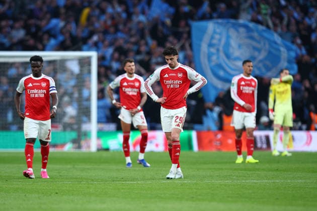 English Football League Cup Final: Arsenal v Manchester City LONDON, UK - 22nd March 2026: Arsenal players dejected after conceding their sides first goal during the Carabao Cup Final match between Arsenal FC and Manchester City FC at Wembley Stadium London Wembley Stadium England United Kingdom Copyright: xCraigxMercerx xPeakxActionxPhotosx