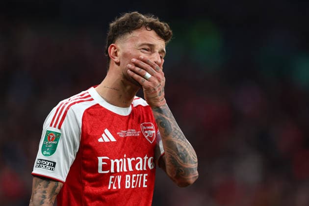 London, England, 22nd March 2026. Ben White of Arsenal looks dejected during the Arsenal vs Manchester City Carabao Cup Final match at Wembley Stadium, London. Picture credit should read: Paul Terry Sportimage EDITORIAL USE ONLY. No use with unauthorised audio, video, data, fixture lists, club league logos or live services. Online in-match use limited to 120 images, no video emulation. No use in betting, games or single club league player publications. SPI_065_PT_Arsenal_Man_City SPI-4632-0065