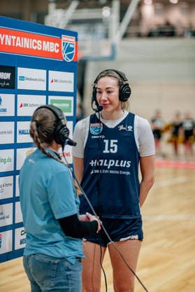 BB-1BL Damen Syntainics MBC Lions - TK Hannover Luchse Sona Svetlikova (GISA Lions MBC) im Interview nach dem Spiel waehrend der Saison 2025-2026 in der DBBL Toyota Bundesliga Syntainics MBC Lions und TK Hannover Luchse in der SWH Arena am 22. March 2026 in Halle Saale, Sachsen Anhalt, Deutschland