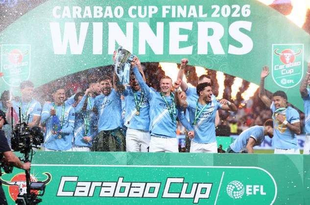 London, England, 22nd March 2026. The Manchester City team celebrate after winning the Arsenal vs Manchester City Carabao Cup Final match at Wembley Stadium, London. Picture credit should read: Paul Terry Sportimage EDITORIAL USE ONLY. No use with unauthorised audio, video, data, fixture lists, club league logos or live services. Online in-match use limited to 120 images, no video emulation. No use in betting, games or single club league player publications. SPI_072_PT_Arsenal_Man_City SPI-4632-0072