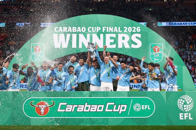 Arsenal v Manchester City, Carabao Cup Final Manchester City players celebrate with the trophy after the Arsenal v Manchester City Carabao Cup Final match at Wembley Stadium, London, England on 22 March 2026 Credit: Ian Stephen Every Second Media Editorial use only. All images are copyright Every Second Media Limited. No images may be reproduced without prior permission. All rights reserved. Premier League and Football League images are subject to licensing agreements with Football DataCo Limited. see https: www.football-dataco.com Copyright: xIMAGO EveryxSecondxMediax ESM-1873-0083 IanxStephenx xEveryxSecondxMediax