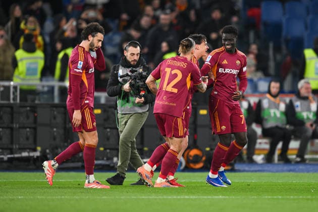 22nd March 2026, Stadio Olimpico, Rome, Italy; Serie A Football; Roma versus Lecce; Robinio Vaz of AS Roma celebrates after scoring goal in the 57th minute for 1-0  AllShotLive Content restricted for UK based newspaper