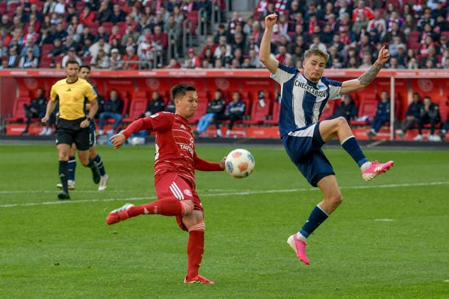 Sport Bilder des Tages v. li. im Zweikampf Shinta Appelkamp (Duesseldorf 23) Marten Winkler (BSC 22) 22.03.2026 ¢ Fussball ¢ Fortuna Duesseldorf vs Hertha BSC, Merkur Spiel-Arena, Duesseldorf, DFB DFL REGULATIONS PROHIBIT ANY USE OF PHOTOGRAPHS AS IMAGE SEQUENCES AND OR QUASI-VIDE