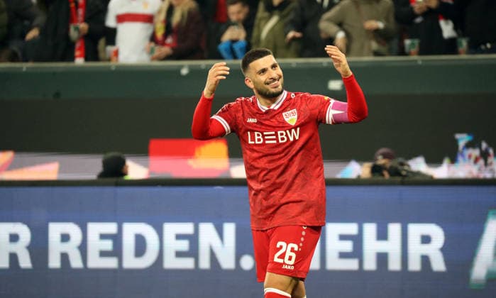 22.03.26 FC Augsburg - VfB Stuttgart Deutschland, Augsburg, 22.03.2026, Fussball, Bundesliga, Saison 2025 2026, FC Augsburg -VfB Stuttgart: Deniz Undav (VfB Stuttgart); Jubel Tor 1:4 Undav. *** 22 03 26 FC Augsburg VfB Stuttgart Germany, Augsburg, 22 03 2026, Football, Bundesliga, Season 2025 2026, FC Augsburg VfB Stuttgart Deniz Undav VfB Stuttgart Jubel Tor 1 4 Undav