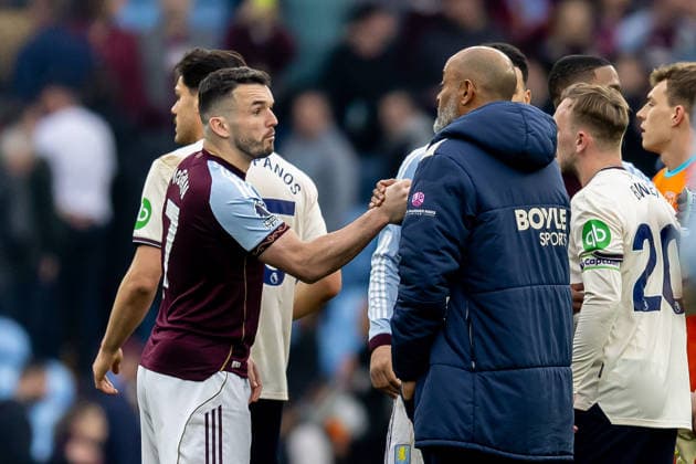 Aston Villa v West Ham United, Premier League West Ham United Head Coach Nuno Espirito Santo shakes hands with Aston Villa midfielder John McGinn (7) after the Premier League match between Aston Villa and West Ham United at Villa Park, Birmingham, UK on 22 March 2026. Birmingham Villa Park West Midlands UK Editorial use only DataCo restrictions apply See www.football-dataco.com , Copyright: xManjitxNarotrax PSI-23950-0137