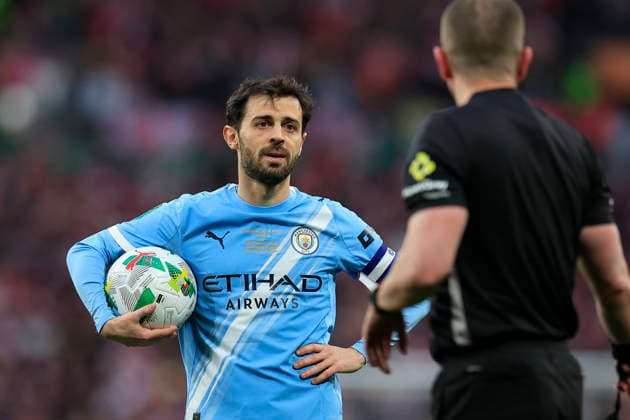 Arsenal v Manchester City, EFL Cup, Cup Final Bernardo Silva (20) of Manchester City reacts to a decision by referee Peter Bankes during the EFL Cup match between Arsenal and Manchester City at Wembley Stadium, London, UK on 22 March 2026. London Wembley Stadium Greater London UK Editorial use only DataCo restrictions apply See www.football-dataco.com , Copyright: xConorxMolloyx PSI-23936-0135