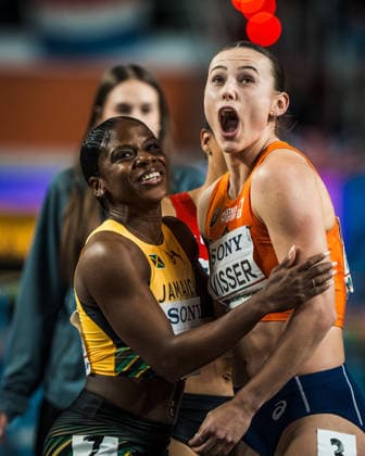 KUJAWY POMORZE, POLAND - MARCH 22: Nadine Visser of the Netherlands, right, reacts after the final of the womens 60 m hurdles at the World Athletics Indoor Championships Kujawy Pomorze 26 at Kujawsko-Pomorska Arena Torun on March 22, 2026 in Kujawy Pomorze, Poland. Copyright: xUlfxSchillerx