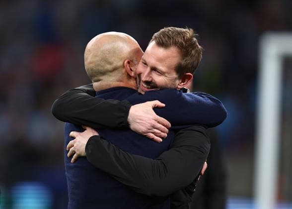 22nd March 2026; Wembley Stadium, London, England; Carabao Cup Final Football, Arsenal versus Manchester City; Manchester City manager Pep Guardiola with set-piece coach James French after the match  JPxFletcher Content restricted for UK based newspaper