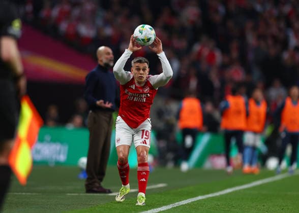 22nd March 2026; Wembley Stadium, London, England; Carabao Cup Final Football, Arsenal versus Manchester City; Leandro Trossard of Arsenal taking a throw in  JPxFletcher Content restricted for UK based newspaper