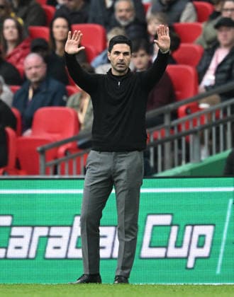 Arsenal v Manchester City, EFL Cup, Cup Final Arsenal manager Mikel Arteta gestures during the EFL Cup match between Arsenal and Manchester City at Wembley Stadium, London, UK on 22 March 2026. London Wembley Stadium Greater London UK Editorial use only DataCo restrictions apply See www.football-dataco.com , Copyright: xGrahamxHuntx PSI-23937-0275