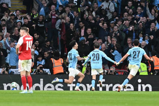 Arsenal v Manchester City, EFL Cup, Cup Final Goal 0-1 - Nico O™Reilly (33) of Manchester City celebrates scoring the opening goal during the EFL Cup match between Arsenal and Manchester City at Wembley Stadium, London, UK on 22 March 2026. London Wembley Stadium Greater London UK Editorial use only DataCo restrictions apply See www.football-dataco.com , Copyright: xGrahamxHuntx PSI-23937-0292
