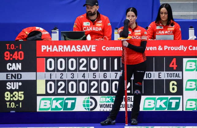 March 22, 2026, Calgary, Ab, CANADA: Team Canada skip Kerri Einarson, centre, watches Switzerland play at the World WomenöÄÃ s Curling Championship in Calgary, Sunday, March 22, 2026. Kerri Einarson  - ZUMAc35_ 20260322_zaf_c35_062 Copyright: xJeffxMcintoshx