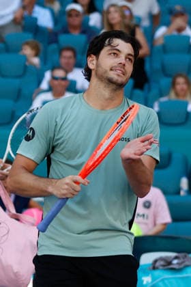 MIAMI GARDENS, FL - MARCH 22: Taylor Fritz (USA) celebrates after his men™s third round singles match against Reilly Opelka (USA) at the Miami Open on March 22, 2026, at Hard Rock Stadium in Miami Gardens, Florida,(Photo by Chris Arjoon Icon Sportswire) TENNIS: MAR 22 Miami Open EDITORIAL USE ONLY Icon2603220010042