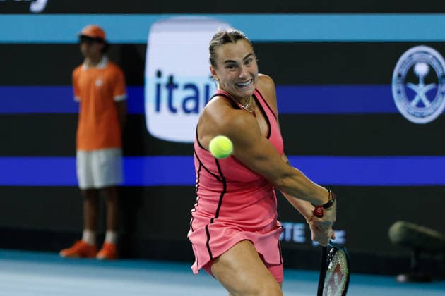 MIAMI GARDENS, FL - MARCH 22: Aryna Sabalenka in action during his women™s third round singles match against Caty McNally (USA) at the Miami Open on March 22, 2026, at Hard Rock Stadium in Miami Gardens, Florida,(Photo by Chris Arjoon Icon Sportswire) TENNIS: MAR 22 Miami Open EDITORIAL USE ONLY Icon2603220010159
