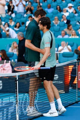 MIAMI GARDENS, FL - MARCH 22: Taylor Fritz (USA) shakes hands after his men™s third round singles match against Reilly Opelka (USA) at the Miami Open on March 22, 2026, at Hard Rock Stadium in Miami Gardens, Florida,(Photo by Chris Arjoon Icon Sportswire) TENNIS: MAR 22 Miami Open EDITORIAL USE ONLY Icon2603220010038
