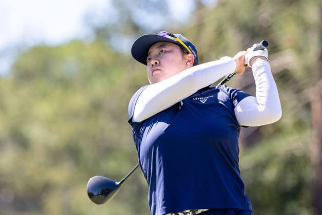MENLO PARK, CA - MARCH 22: Ruixin Liu of China tees off the second hole during the final round of the LPGA, Golf Damen Fortinet Founders Cup on March 22, 2026 at Sharon Heights Golf & Country Club in Menlo Park, CA. (Photo by Matthew Huang Icon Sportswire) GOLF: MAR 22 LPGA Fortinet Founders Cup EDITORIAL USE ONLY Icon2603220194