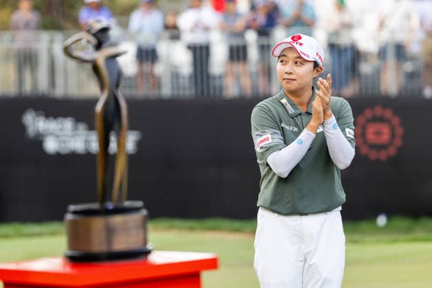 MENLO PARK, CA - MARCH 22: Hyo Joo Kim of South Korea is interviewed after winning the final round of the LPGA, Golf Damen Fortinet Founders Cup on March 22, 2026 at Sharon Heights Golf & Country Club in Menlo Park, CA. (Photo by Matthew Huang Icon Sportswire) GOLF: MAR 22 LPGA Fortinet Founders Cup EDITORIAL USE ONLY Icon2603220494