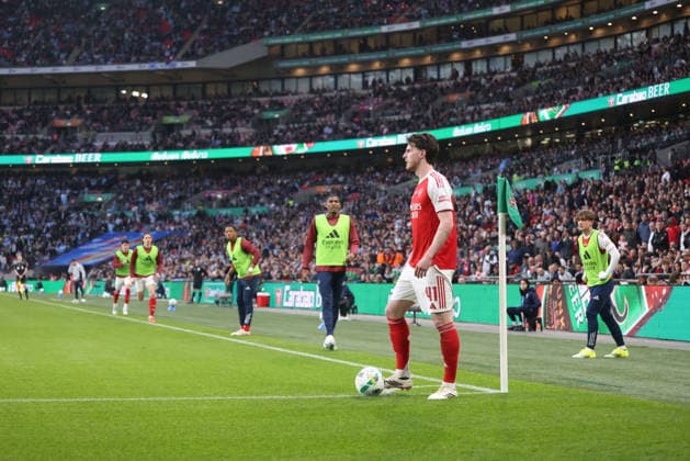 Declan Rice (A) prepares to take a corner at the Carabao Cup Final Arsenal v Manchester City match, at Wembley Stadium, London, UK on 22nd March 2026. 