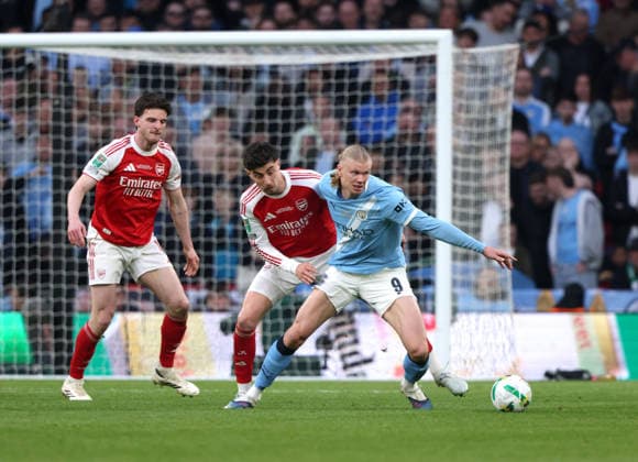 Declan Rice (A) Kai Havertz (A) Erling Haaland (MC) at the Carabao Cup Final Arsenal v Manchester City match, at Wembley Stadium, London, UK on 22nd March 2026. 