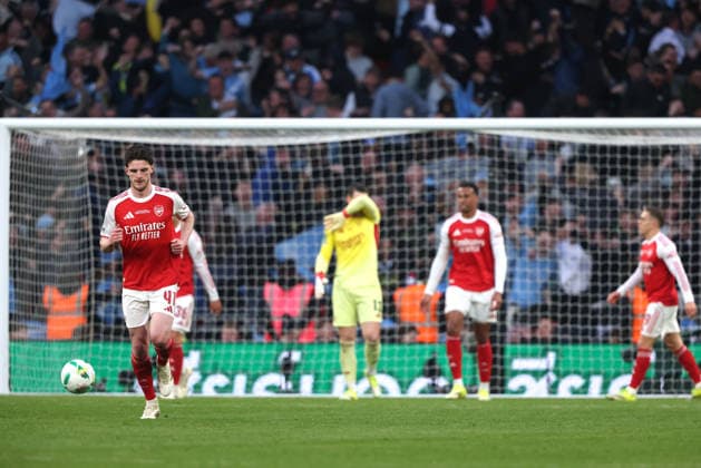 Declan Rice (A) after the second City goal at the Carabao Cup Final Arsenal v Manchester City match, at Wembley Stadium, London, UK on 22nd March 2026. 