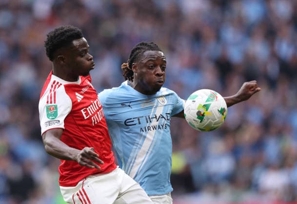 Bukayo Saka (A) Jeremy Doku (MC) at the Carabao Cup Final Arsenal v Manchester City match, at Wembley Stadium, London, UK on 22nd March 2026. 