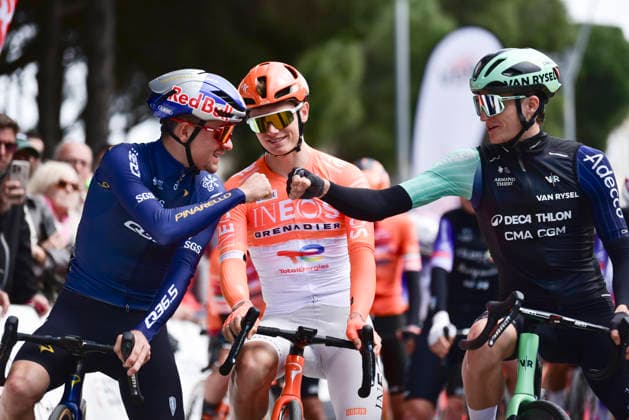 March 23, 2026, Sant Feliu De Guixols, Girona, Spain: Sant Feliu De Guixols. British GC contenders Thomas Pidcock, Oscar Onley and Felix Gall on the starting line of the Volta Catalunya 2026 cycling race Sant Feliu De Guixols Spain - ZUMAm214 20260323_zip_m214_033 Copyright: xMatteoxSeccix