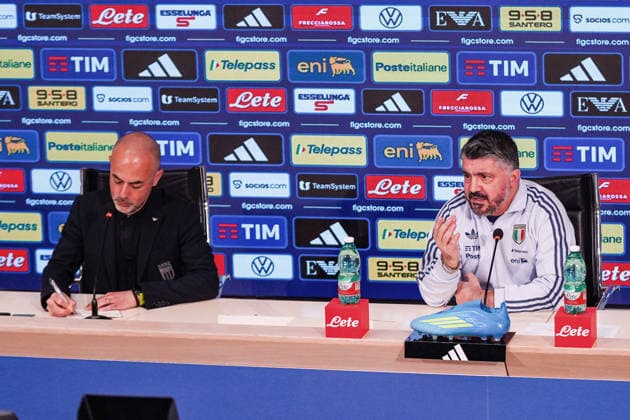 L allenatore della nazionale italiana di calcio Gennaro Gattuso durante la conferenza stampa della Nazionale italiana presso il Centro tecnico federale di Coverciano a Firenze, Italia - 23 marzo 2026. - Calcio (Foto di LaPresse) The head coach of Italy Gennaro Gattuso gestures during the Italia team press conference, PK, Pressekonferenz at federal technical center of Coverciano in Florence, Italy - March 23, 2026. Sport - Soccer  Copyright: xLaPressex
