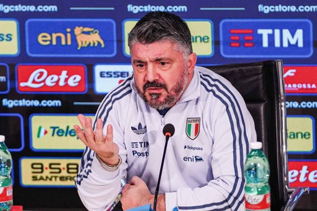 L allenatore della nazionale italiana di calcio Gennaro Gattuso durante la conferenza stampa della Nazionale italiana presso il Centro tecnico federale di Coverciano a Firenze, Italia - 23 marzo 2026. - Calcio (Foto di LaPresse) The head coach of Italy Gennaro Gattuso gestures during the Italia team press conference, PK, Pressekonferenz at federal technical center of Coverciano in Florence, Italy - March 23, 2026. Sport - Soccer  Copyright: xLaPressex