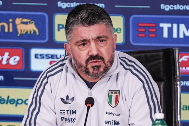 L allenatore della nazionale italiana di calcio Gennaro Gattuso durante la conferenza stampa della Nazionale italiana presso il Centro tecnico federale di Coverciano a Firenze, Italia - 23 marzo 2026. - Calcio (Foto di LaPresse) The head coach of Italy Gennaro Gattuso gestures during the Italia team press conference, PK, Pressekonferenz at federal technical center of Coverciano in Florence, Italy - March 23, 2026. Sport - Soccer  Copyright: xLaPressex