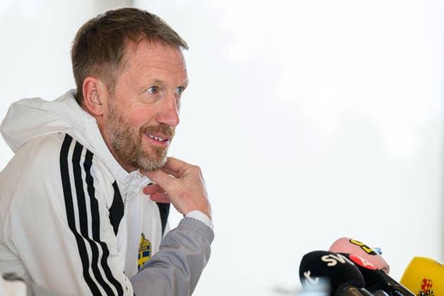 260323 Head coach Graham Potter of the Swedish national football team during a press conference, PK, Pressekonferenz on March 23, 2026 in Valencia. Photo: Joel Marklund BILDBYRAN kod JM JM0803 bbeng fotboll football soccer fotball vm-kval FIFA World Cup, WM, Weltmeisterschaft, Fussball qualifier presskonferens press conference sverige sweden sverige a Copyright: JOELxMARKLUND BB260323JM004