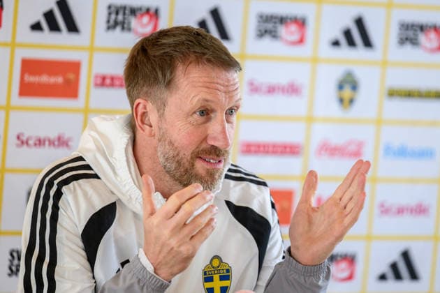 260323 of the Swedish national football team during a press conference, PK, Pressekonferenz on March 23, 2026 in Valencia. Photo: Joel Marklund BILDBYRAN kod JM JM0803 bbeng fotboll football soccer fotball vm-kval FIFA World Cup, WM, Weltmeisterschaft, Fussball qualifier presskonferens press conference sverige sweden sverige a Copyright: JOELxMARKLUND BB260323JM010