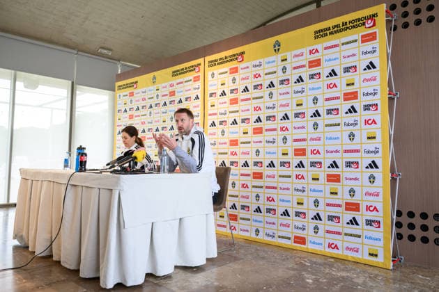 260323 Head coach Graham Potter of the Swedish national football team during a press conference, PK, Pressekonferenz on March 23, 2026 in Valencia. Photo: Joel Marklund BILDBYRAN kod JM JM0803 bbeng fotboll football soccer fotball vm-kval FIFA World Cup, WM, Weltmeisterschaft, Fussball qualifier presskonferens press conference sverige sweden sverige a Copyright: JOELxMARKLUND BB260323JM012