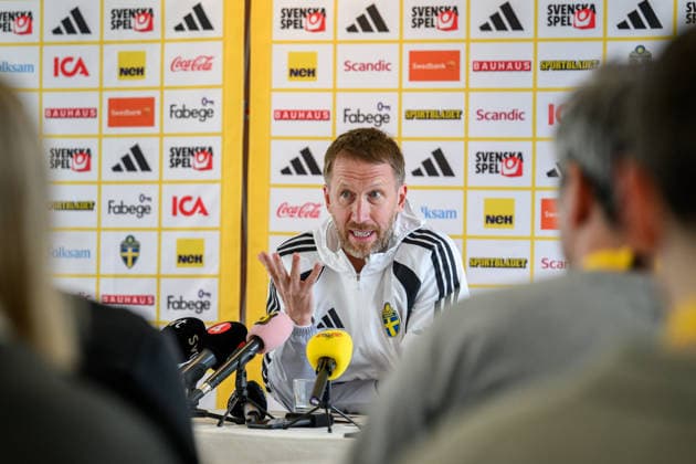 260323 Head coach Graham Potter of the Swedish national football team during a press conference, PK, Pressekonferenz on March 23, 2026 in Valencia. Photo: Joel Marklund BILDBYRAN kod JM JM0803 bbeng fotboll football soccer fotball vm-kval FIFA World Cup, WM, Weltmeisterschaft, Fussball qualifier presskonferens press conference sverige sweden sverige a Copyright: JOELxMARKLUND BB260323JM015