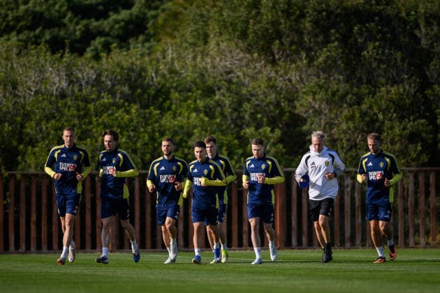 260323 Gustaf Nilsson, Mattias Svanberg, Jesper Karlström, Roony Bardghji, Williot Swedberg, Gabriel Gudmundsson and Gustav Lundgren of the Swedish national football team during a training session on March 23, 2026 in Valencia. Photo: Joel Marklund BILDBYRAN kod JM JM0804 bbeng fotboll football soccer fotball vm-kval FIFA World Cup, WM, Weltmeisterschaft, Fussball qualifier qualifier träning practice training sverige sweden sverige a Copyright: JOELxMARKLUND BB260323JM031