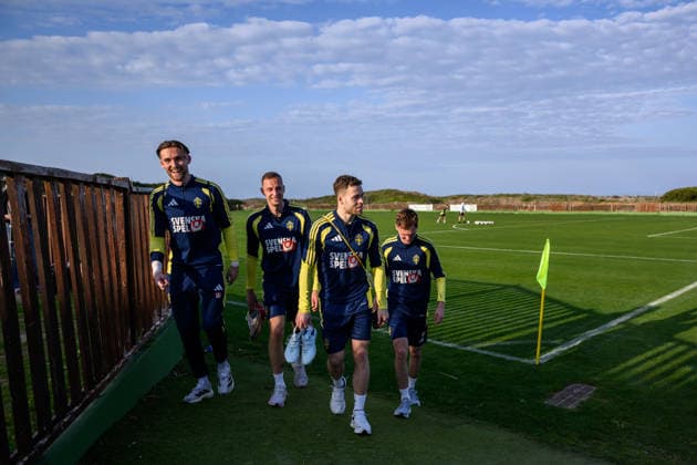 260323 goalkeeper Noel Törnqvist, Gustaf Nilsson, Gabriel Gudmundsson and Williot Swedberg of the Swedish national football team during a training session on March 23, 2026 in Valencia. Photo: Joel Marklund BILDBYRAN kod JM JM0804 bbeng fotboll football soccer fotball vm-kval FIFA World Cup, WM, Weltmeisterschaft, Fussball qualifier qualifier träning practice training sverige sweden sverige a Copyright: JOELxMARKLUND BB260323JM073